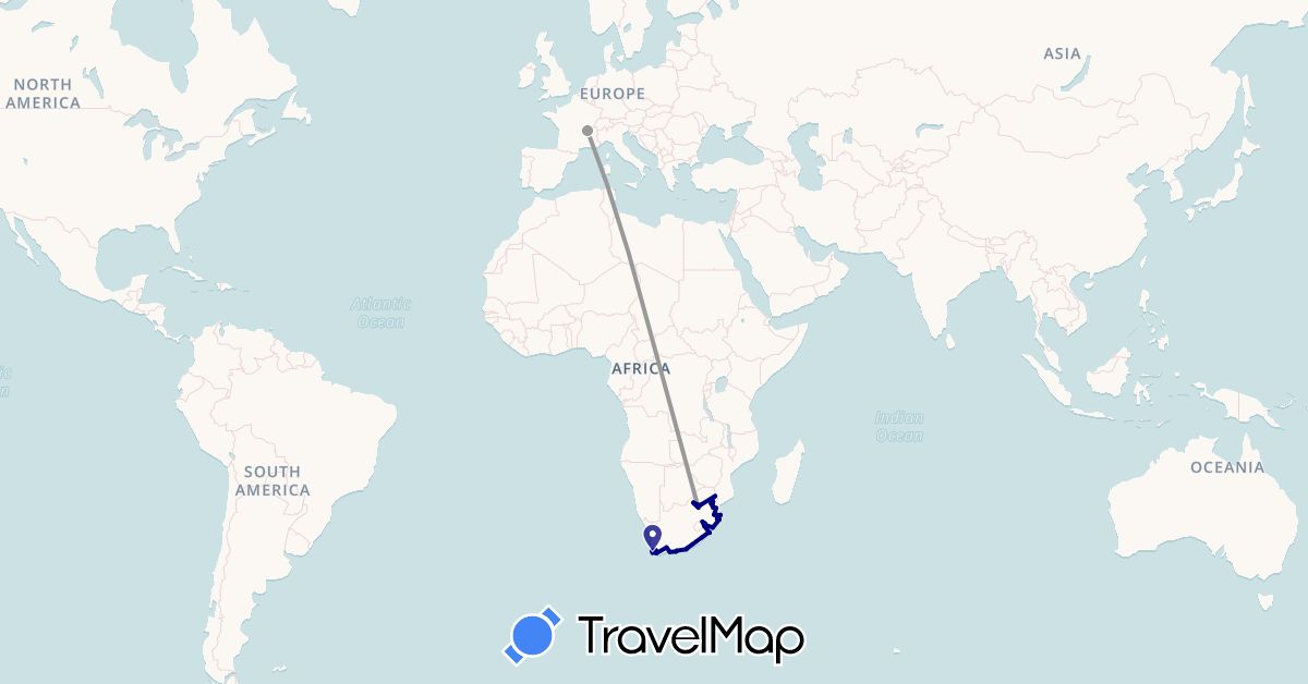 TravelMap itinerary: driving, plane in France, Swaziland, South Africa (Africa, Europe)